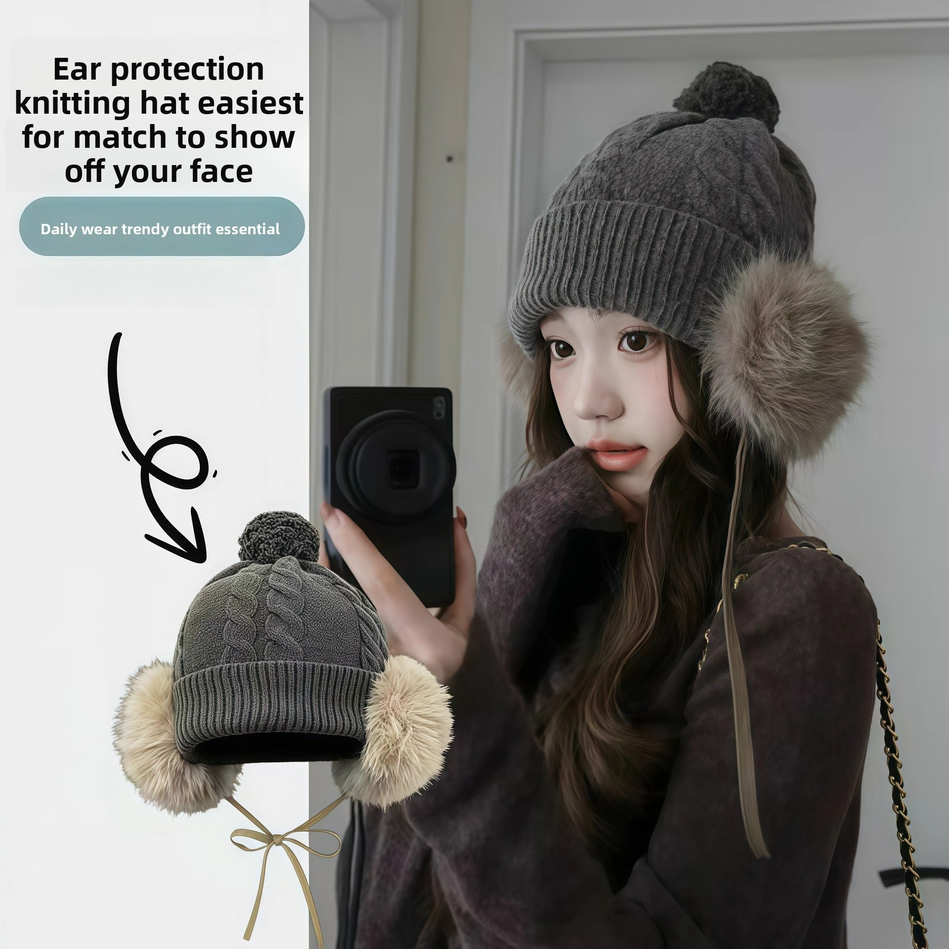 Cold Resistant Hearing Protection Women s Thick Fleece Knit Trapper Hat Warm Protective Design For Large Head Circumference