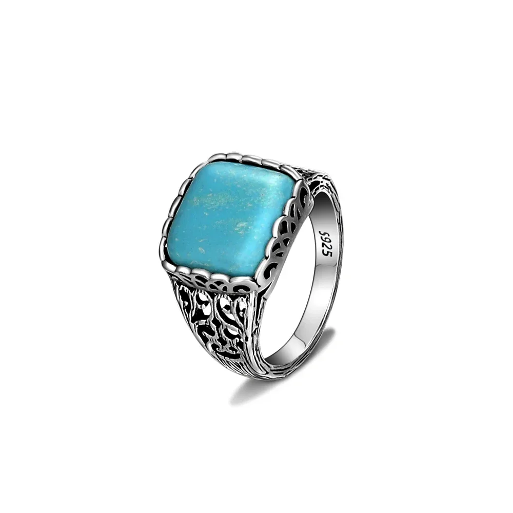 Retro Silver Plated Rings Square Natural 12*12mm Turquoise Finger Ring Women's Fine Jewelry Gift Simple Fashion Style 3