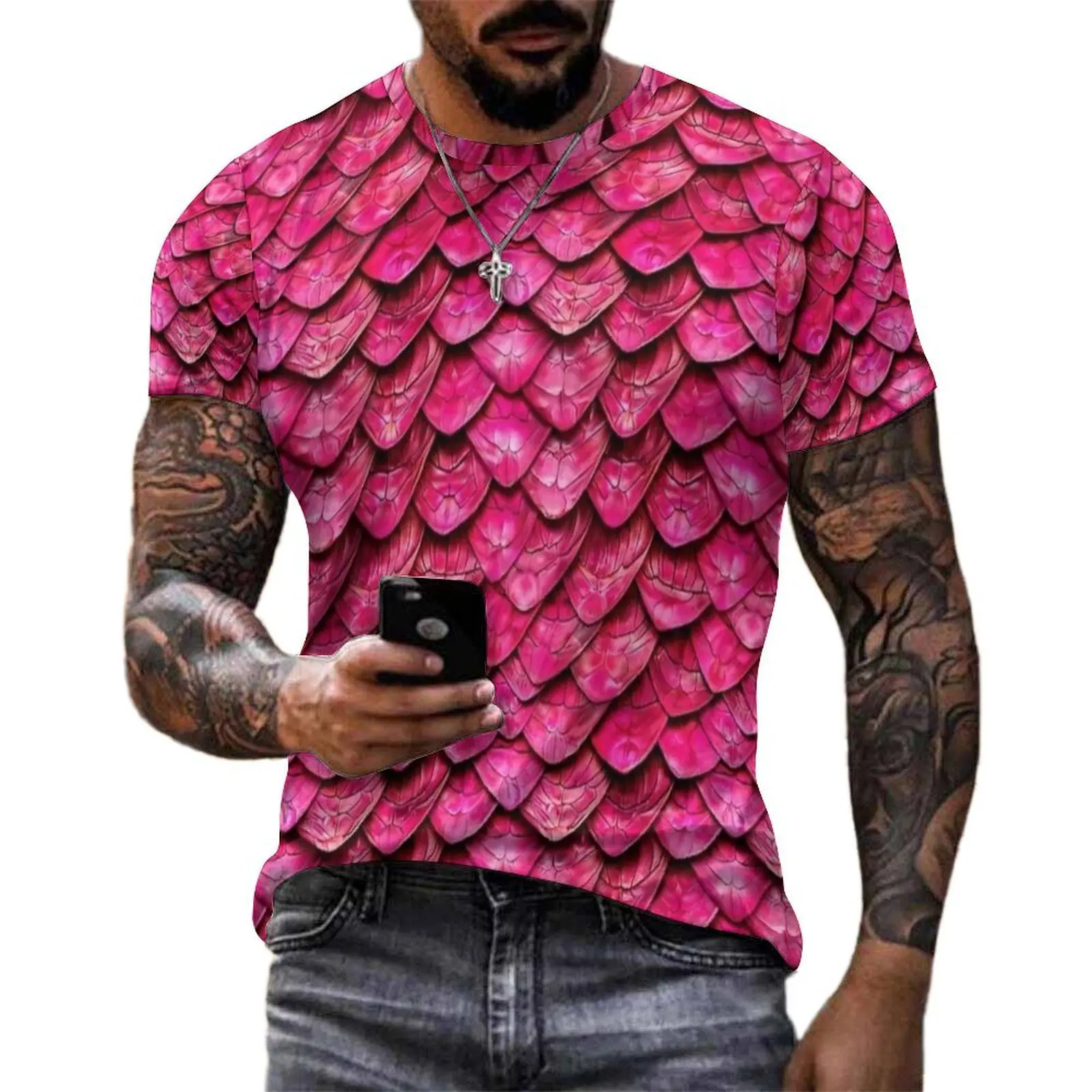 Mens Pink Dragon Scale Print T-Shirt  Trendy T Shirts Short-Sleeved Pattern Tops Wholesale Summer Streetwear Big Size Clothes