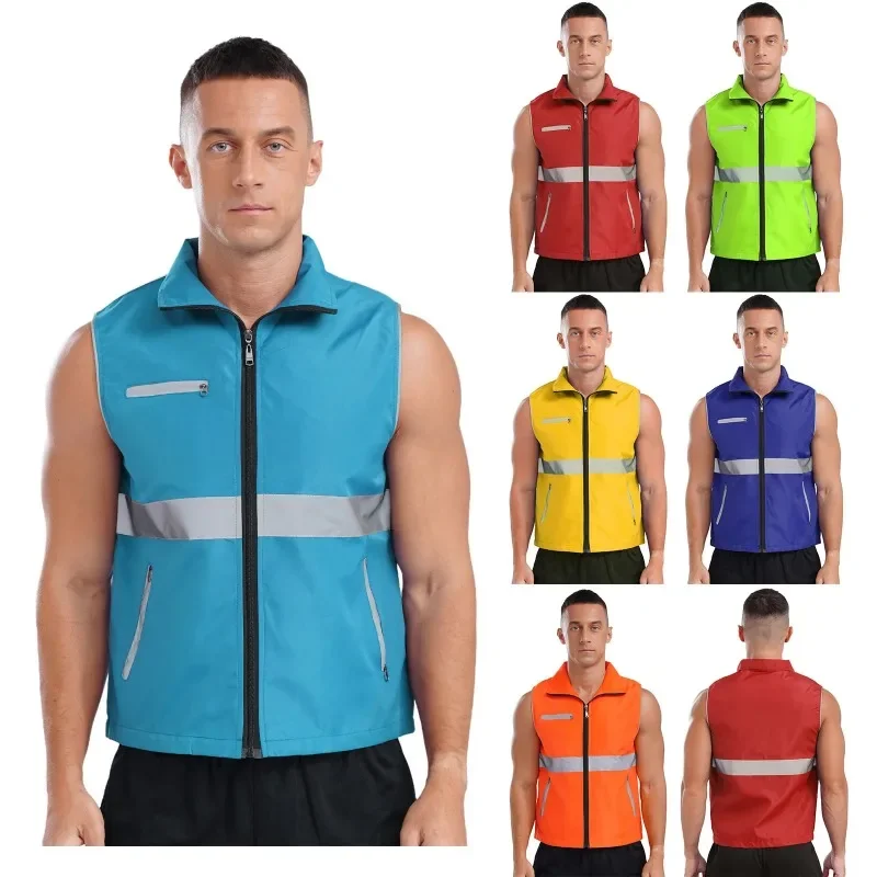 

1PCS Mens Womens Reflective Safety Vest Unisex Sleeveless Zipper Volunteer Waistcoat High Visibility Tops with Pockets