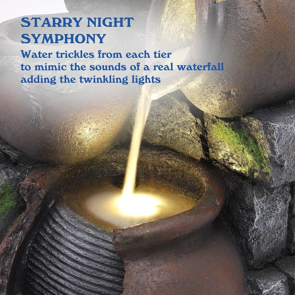 4-Tier Cascading Rock Water Fountain with LED Lights for Indoor/Outdoor