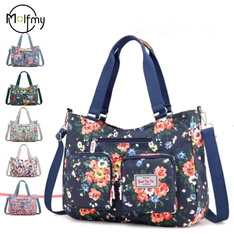 Women\'s Handbag Flower Printing Waterproof Nylon Large Capacity Travel Bags Multi-pockets Single Shoulder Bag Tote Bag Dropship