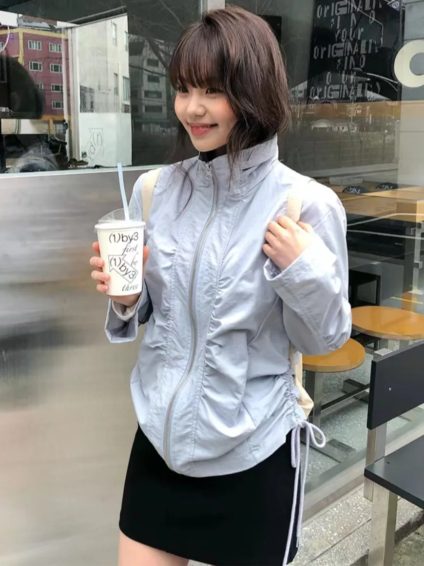 

Chic Spring Summer Women's Loose Thin Long Sve Sun Protection Coat Side Dstring Pleated Zipper Outerwear Casual Sweater