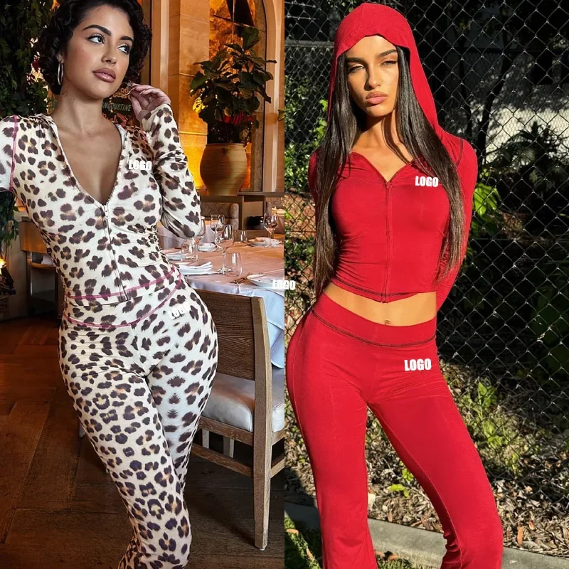 

Custom LOGO European and American style 2025 spring new fashion hooded cardigan top leopard print high waist tight trousers set