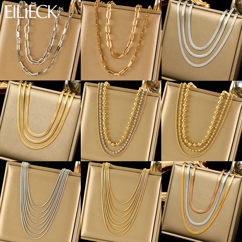 

EILIECK 316L Stainless Steel Gold Silver Color Multilayer Chain Necklace For Women Fashion Neck Chain Waterproof Jewelry Gift