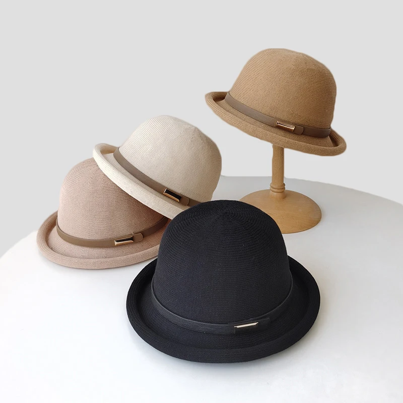 Bucket Hat for Women Breathable Cotton Linen Spring Knitted Fisherman Hats Folding Basin Cap 2024 Rolled Edge Protection Caps