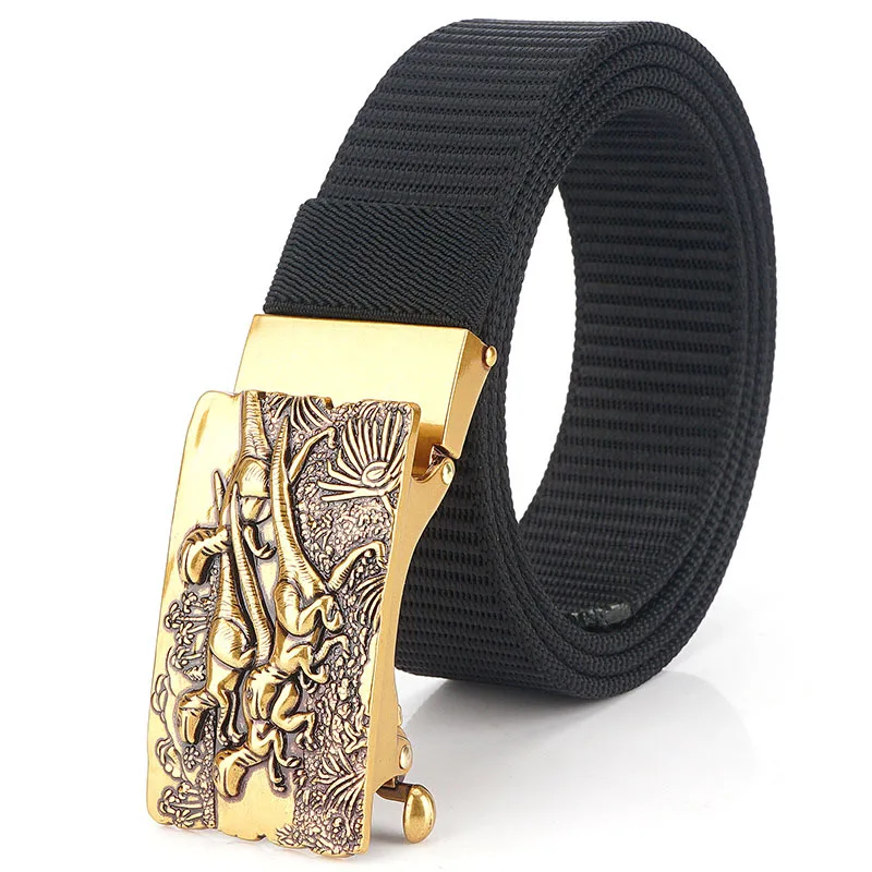 Men Nylon  Training Belt Luxury Gold Dinosaur Pattern Metal Automatic Buckle Canvas Belts For Male Tactical Waistband