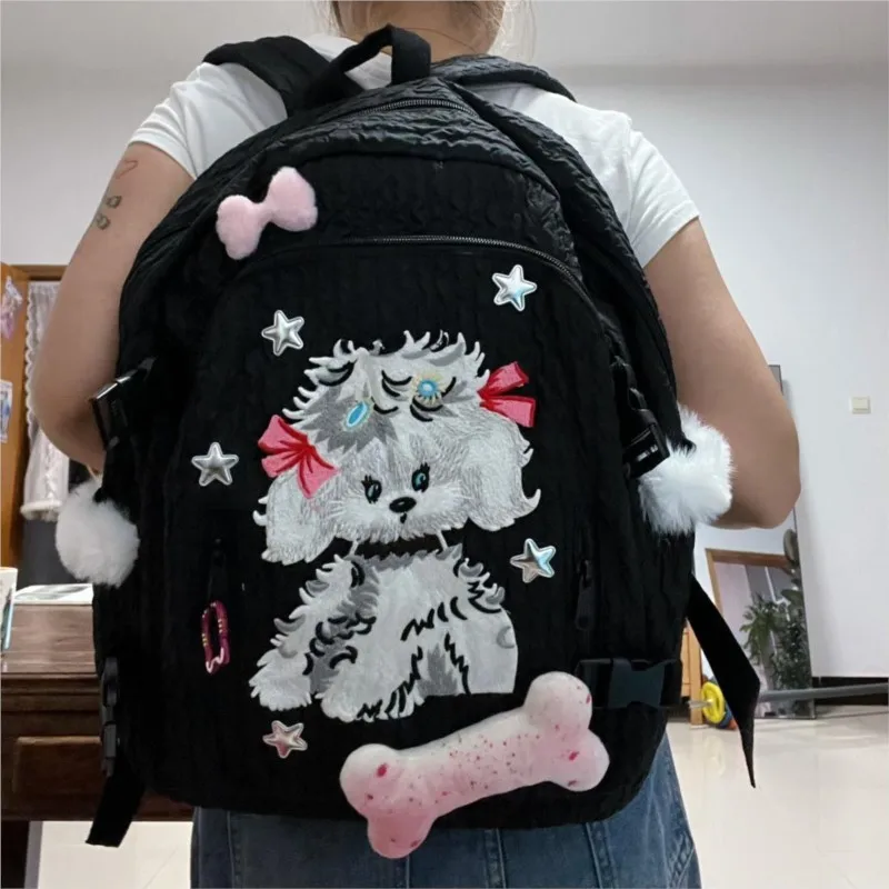 حقيبة ظهر يابانية سوداء لطيفة على شكل جرو للنساء من قماش الجاكار بفيونكة للتجاعيد وسعة كبيرة حقيبة نهارية Y2k جماليات Harajuku Mochilas Mujer