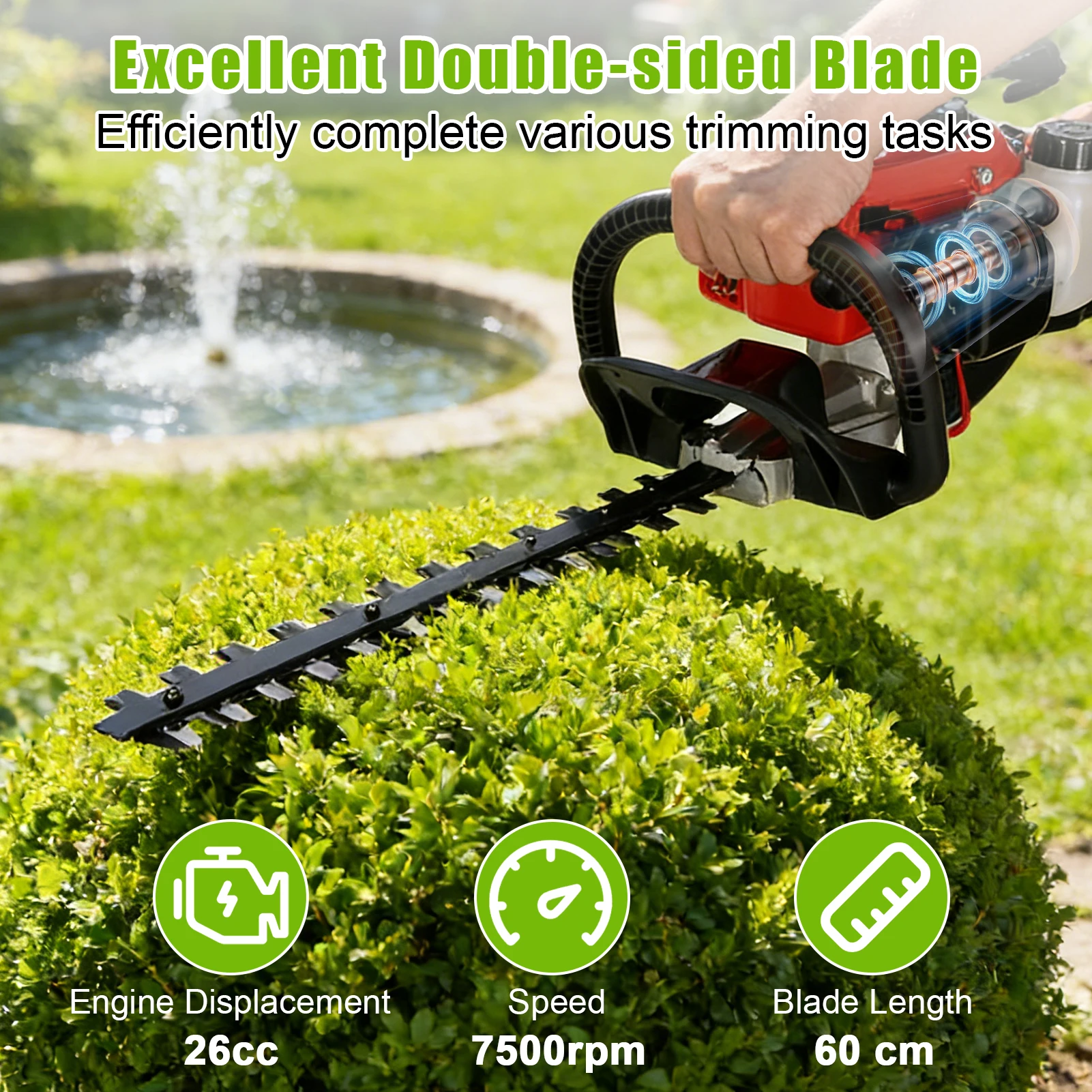 1 Set Gas Hedge Trimmer 24 Inch Fuel-efficient Low Voice High-powered Hedge Trimmer Double Side Blade 26cc Gas Bush Cutter