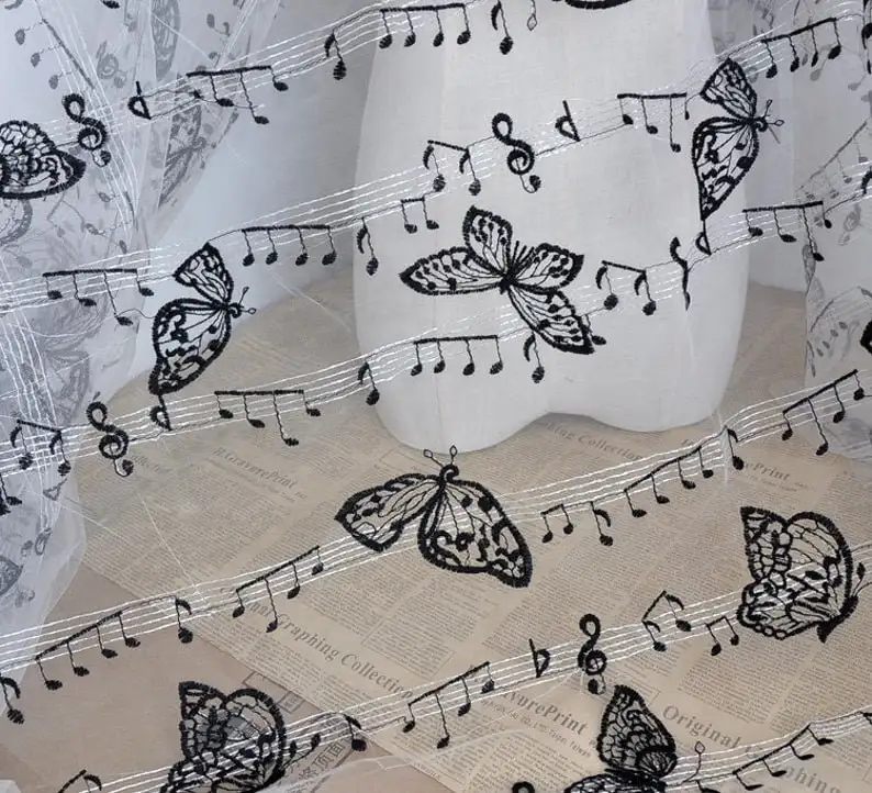 1 metro Nota musicale Farfalla Tessuto di pizzo musicale Tulle floreale per abito da ragazza Abito tutu Abito da sposa Velo da sposa