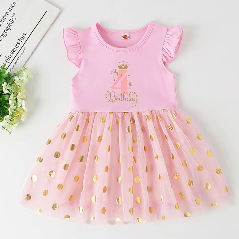 My 1st Birthday Little Girls Pink Dress Kid Princess Tutu Dresses Baby Birthday Party Outfits Toddler Short Sleeve Gold Dot Star