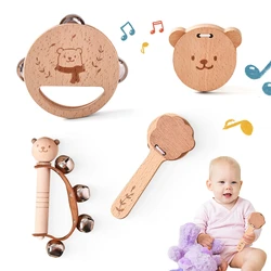 Wooden Baby Montessori Rattle Toy Animal Bear Shape Hand Bell Toy BPA Free Rodent Teething Necklace Food Grade Baby Chewable Toy