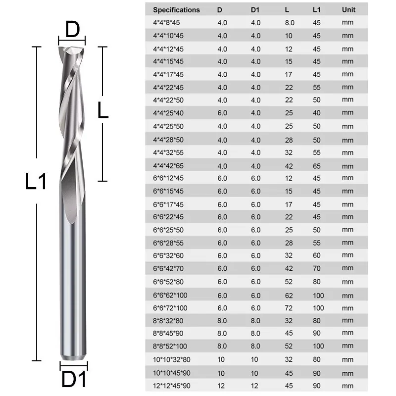 3.175/4/6mm frez spiralny z chwytem 2-ostrzowy frez płaski frez trzpieniowy frezy CNC narzędzia do frezowania węglików spiekanych do obróbki drewna