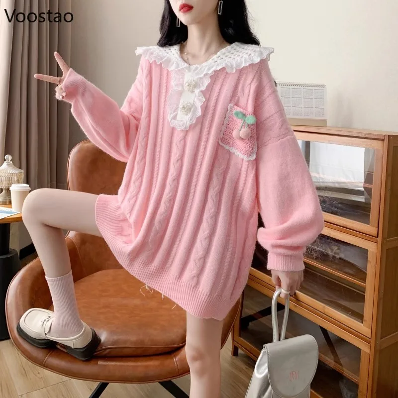 Autumn Sweet Lolita Style Knitted Pullovers Women Kawaii Cherry Lace Ruffles Peter Pan Collar Loose Sweater Female Knitwear Tops