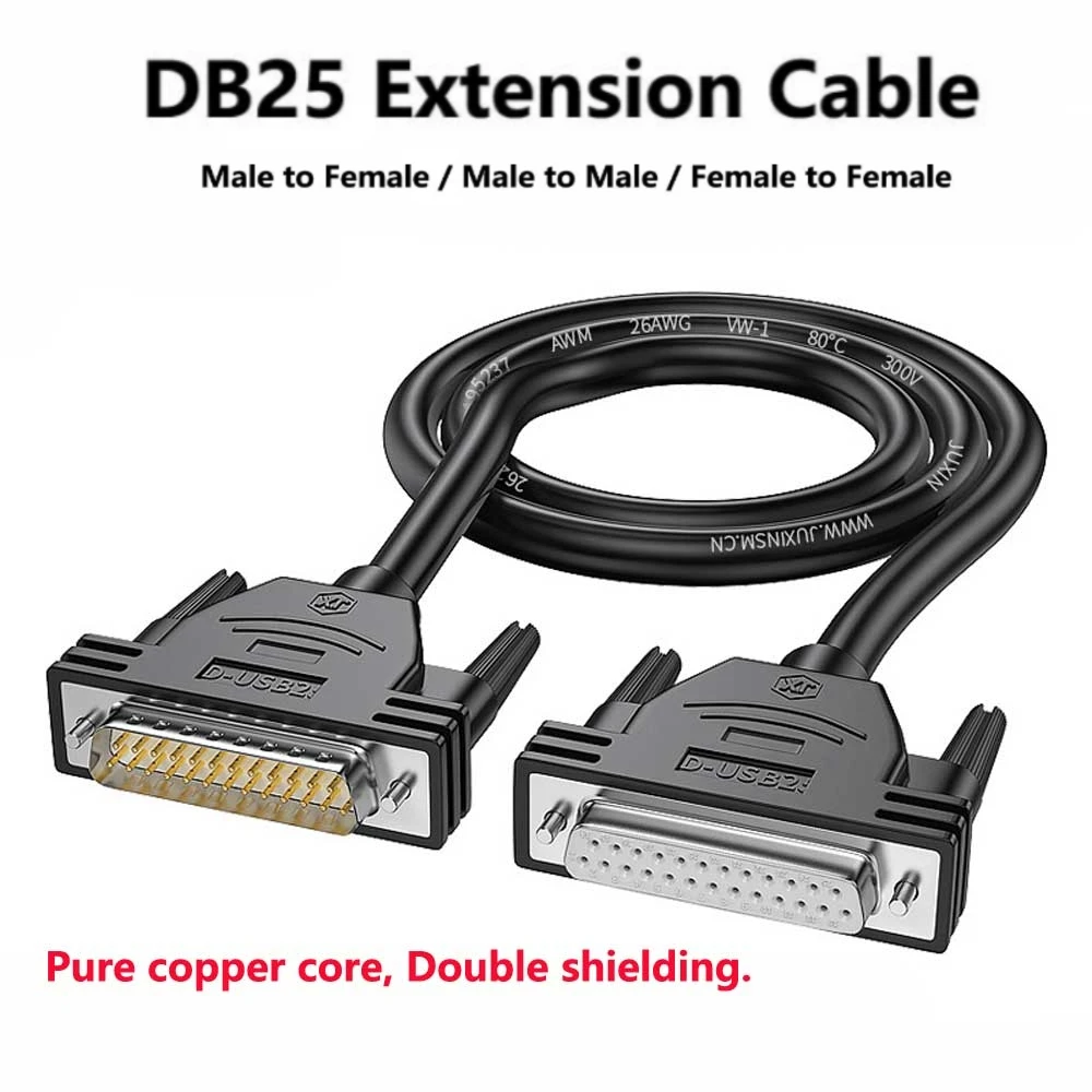 DB25 Male to Female Cable 6 FT Double-Shielded with Foil Metal Braid D-SUB 25 PIN RS232 Serial Cable