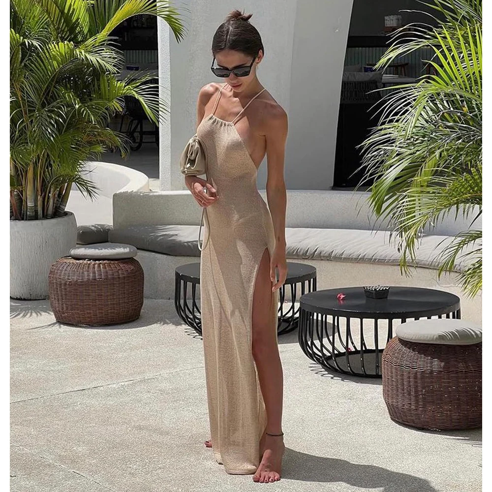 2024 Kintted Cover Up Beach Sexy See Through Maxi Slit Bodycon Summer Dress Bikinis Cover-ups  Elegant Halter Beachdress