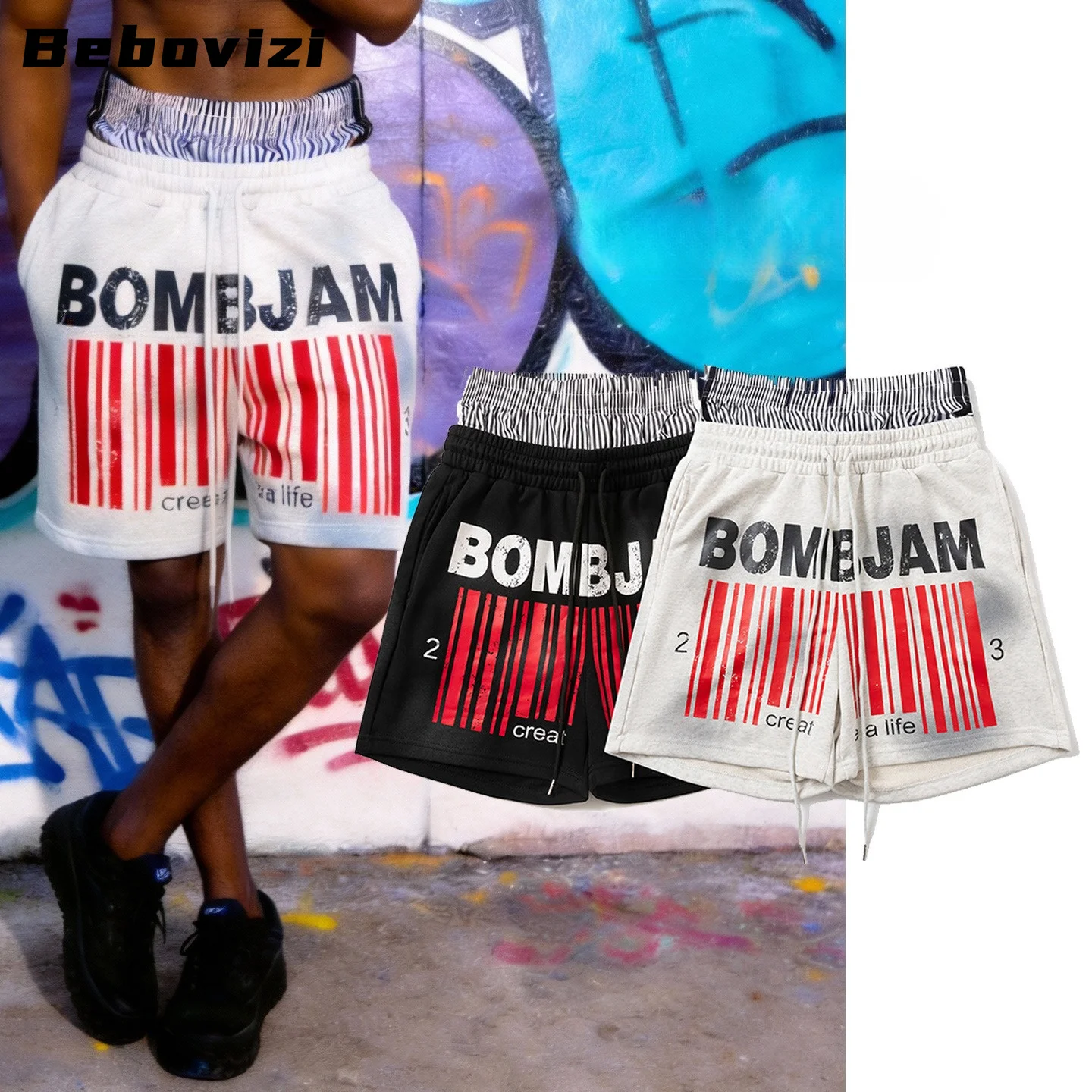 Streetwear Shorts with Barcode Print, Men's Cotton Blend Drawstring Waist Athletic Shorts for Gym & Casual Wear
