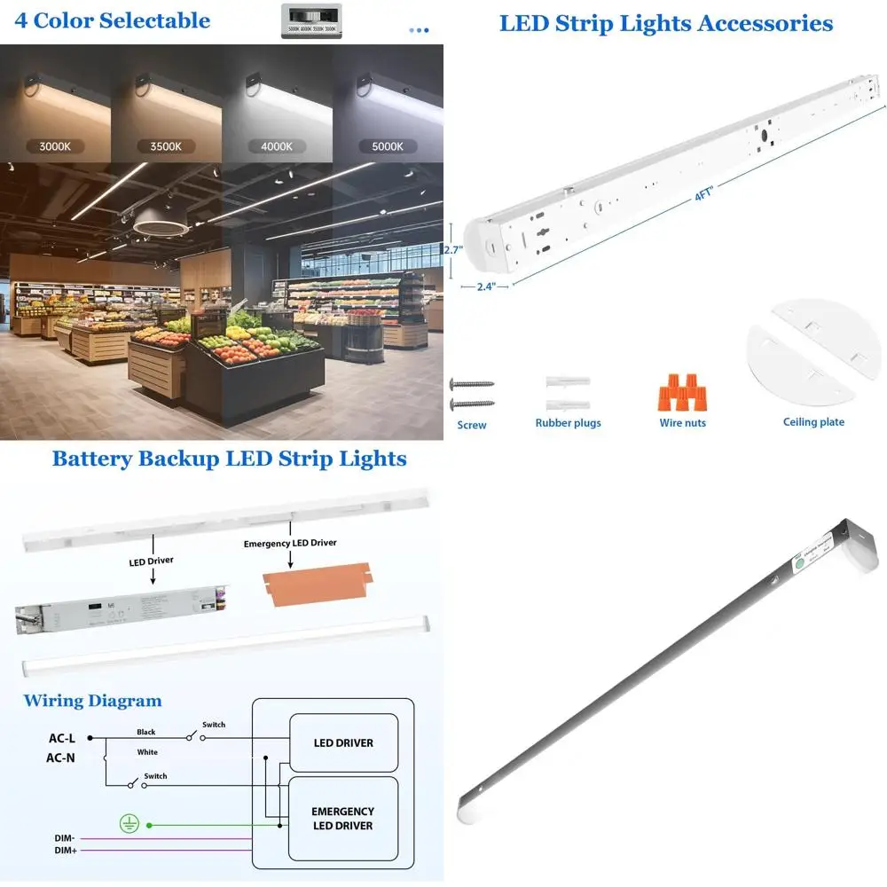 

4T LED Linear Light Fixture, 5280 Lumens, 40W-20W, 3000-5000K CCT Adjustable, Hardwired Ceiling Mount for Shops, Garages, Office