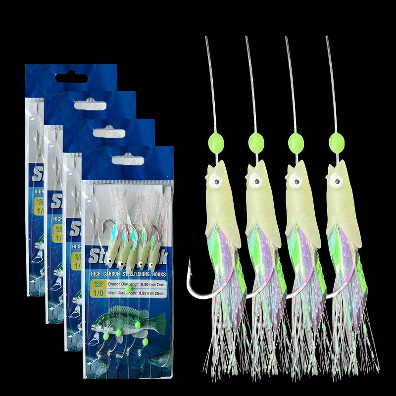 4 Hooks Rigs Saltwater Fishing Lures Bait Rigs Real Fish Skin String Hook Mackerel Glow in The Dark Flash Rigs