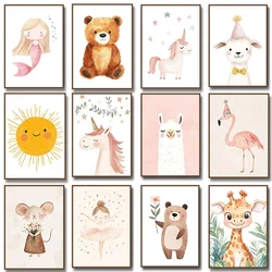 Pink Ballerina with Stars Unicorn Cute Mermaid Baby Llama Bear Deer Illustration Canvas Painting Print Poster for Nursery Decor