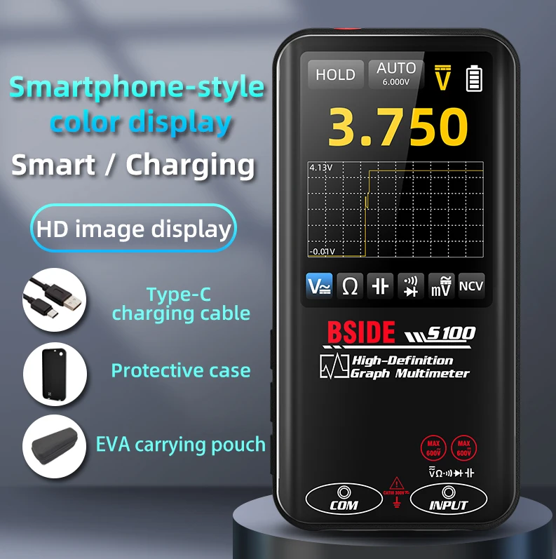 BSIDE S100 Digital Multimeter,9999 Counts Smart Auto Ranging True RMS Voltmeter, HD Color Screen with Graph Display Rechargeable