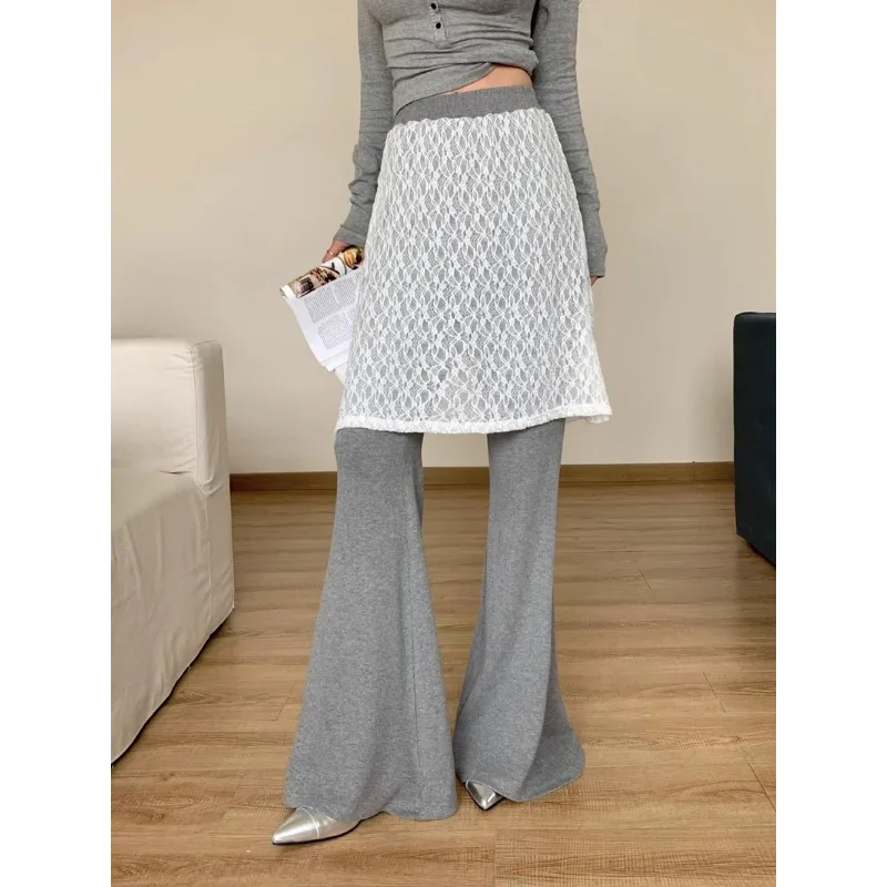 

High Street Contrast Color Lace Patchwork Casual Pants Women 2024 Summer New Fake Two-piece Sexy Slim Wide Leg Pants