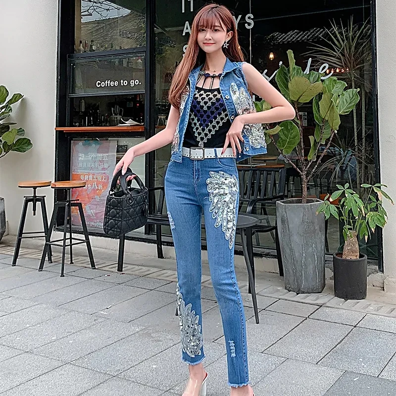 Streetwear Denim Suit Female2022 Spring Summer New White Jeans Elastic Sequined Flower Vest Waistcoat+Trousers Tide High Quality