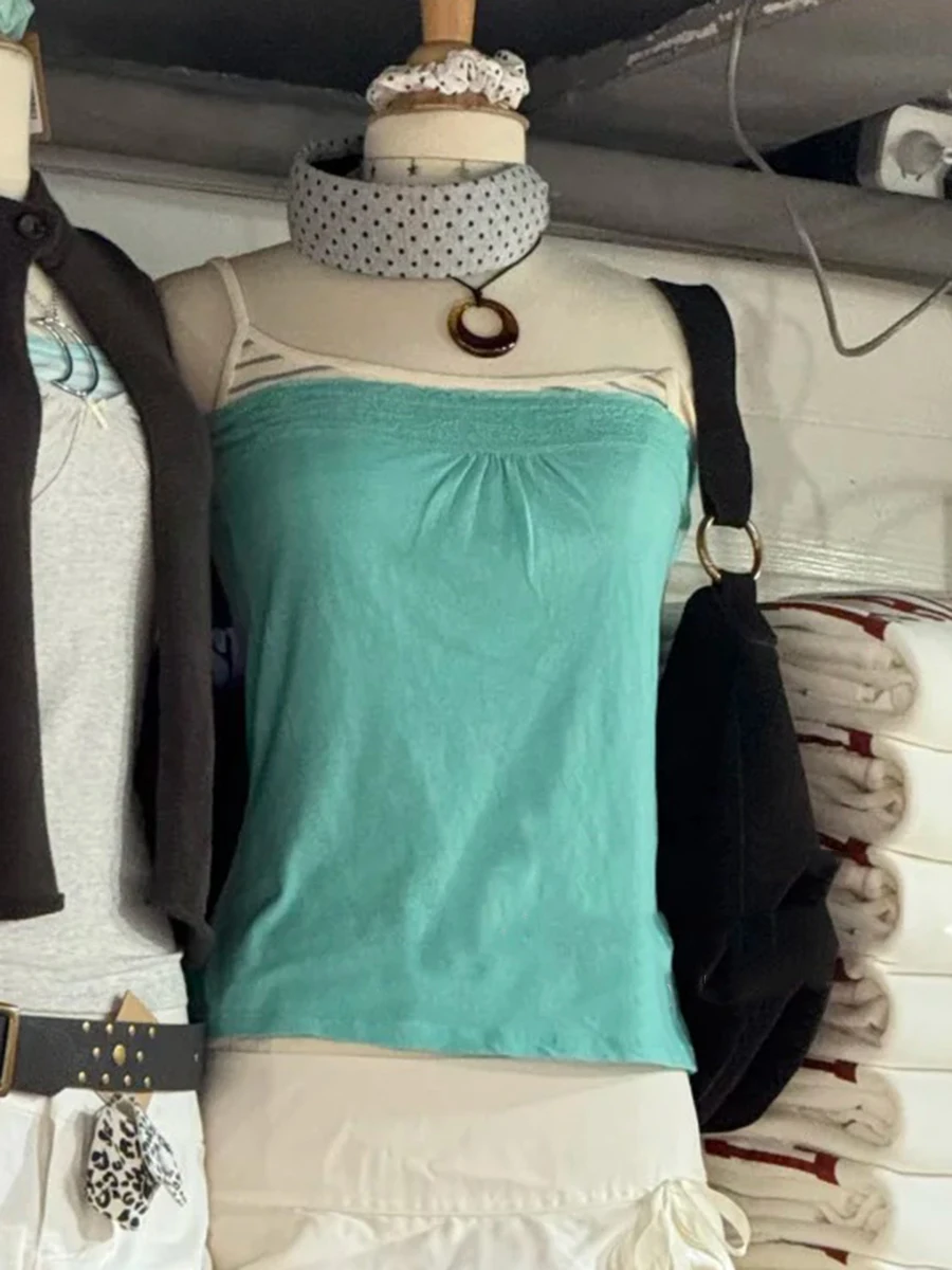 Mint Green Lace Trim Tube Women Summer Casual Simple Basic Cotton Soft Slim Strapless Tops Sweet Cute Preppy Style Camisole Y2K