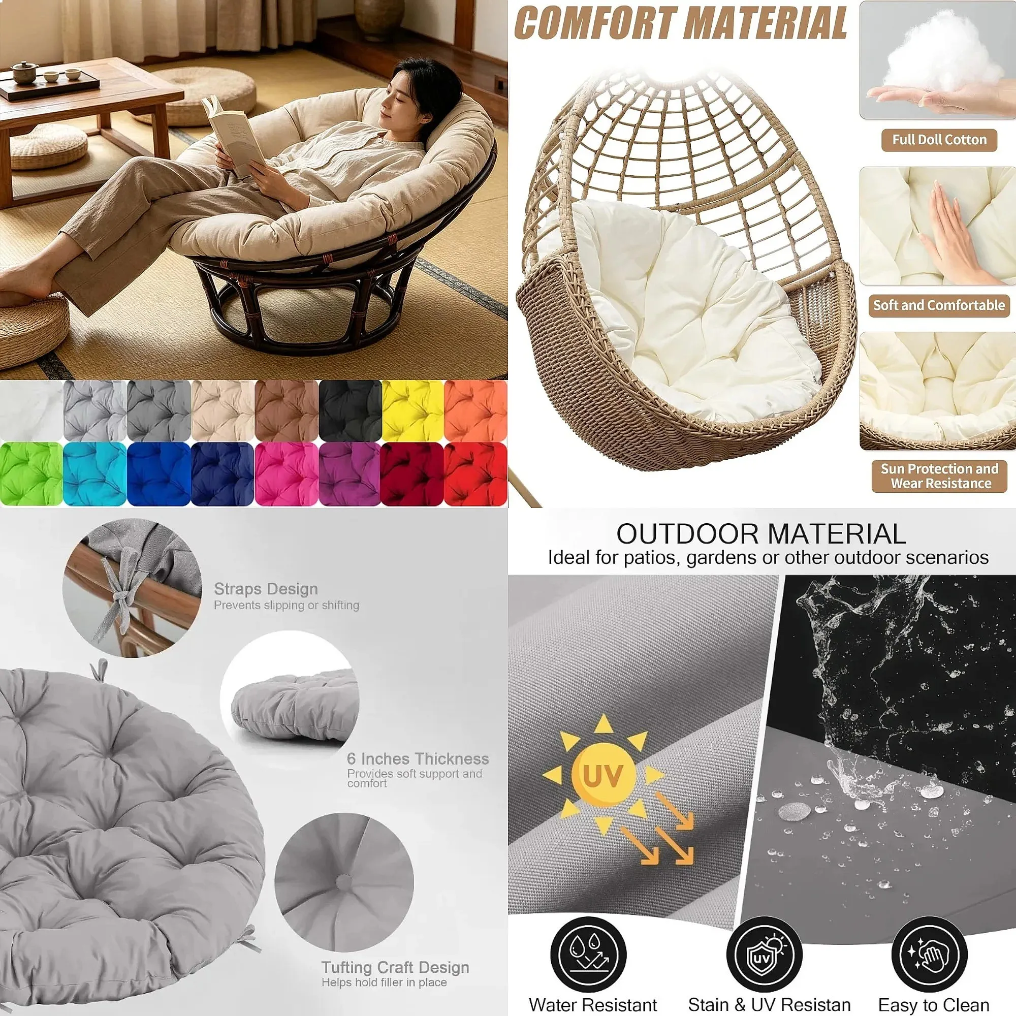 Round Seat Cushion, Chair Padded Cushion for Hanging Basket Swing Hammock Wicker Chair Home Rattan Chair Pad 40/50/60/70/80/90cm