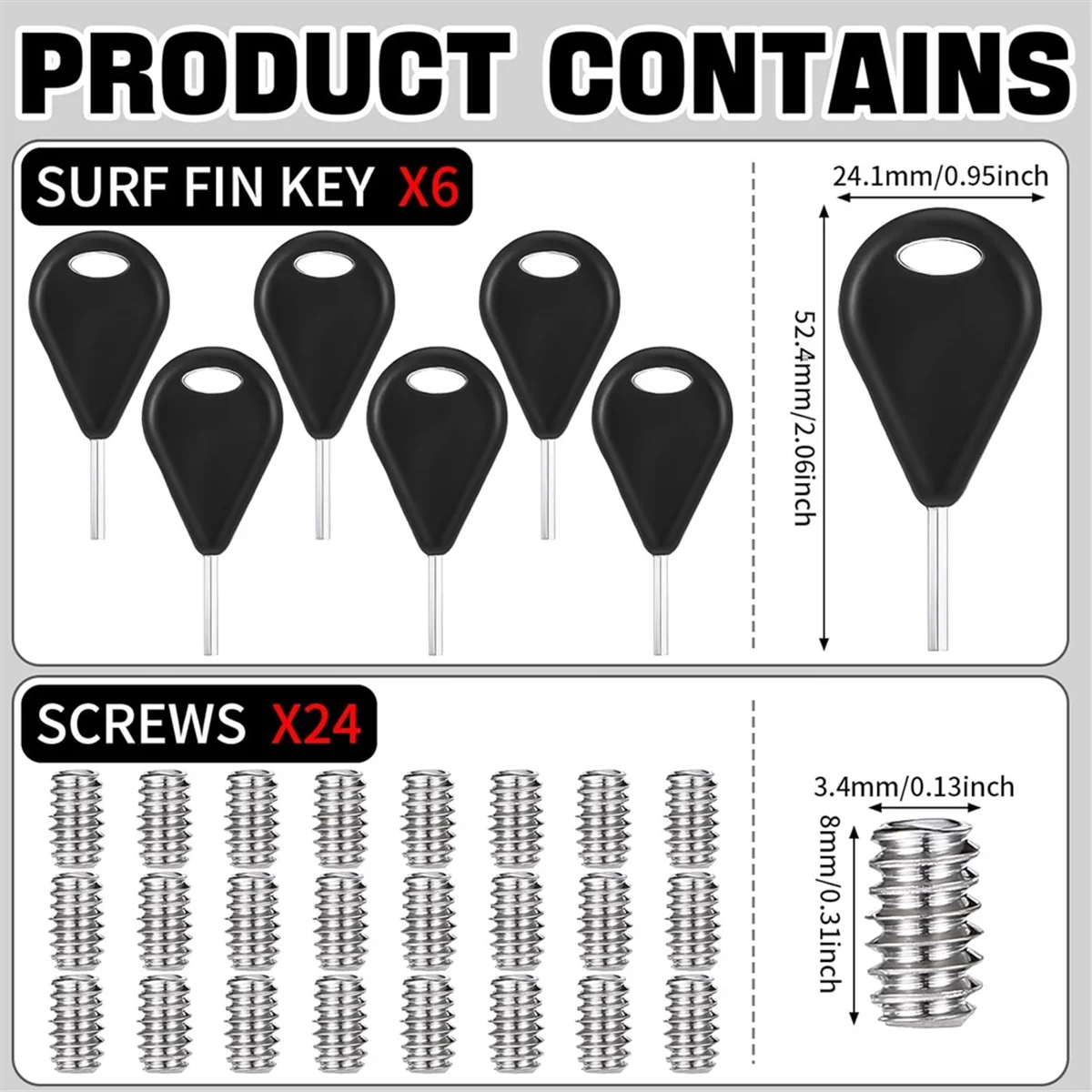 Beauty 6 Pcs Surf Fin Key Surfing Surf Fin Key with 24 Pcs Fin Screws Universal Hexagon Surfboard Fin Key Replacement