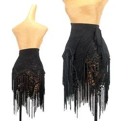 Sexy Black Lace Latin Dance Skirt Women Woven Tassel Hip Scarf Adult Cha Cha Rumba Samba Sance Clothes Practice Wear DNV18670