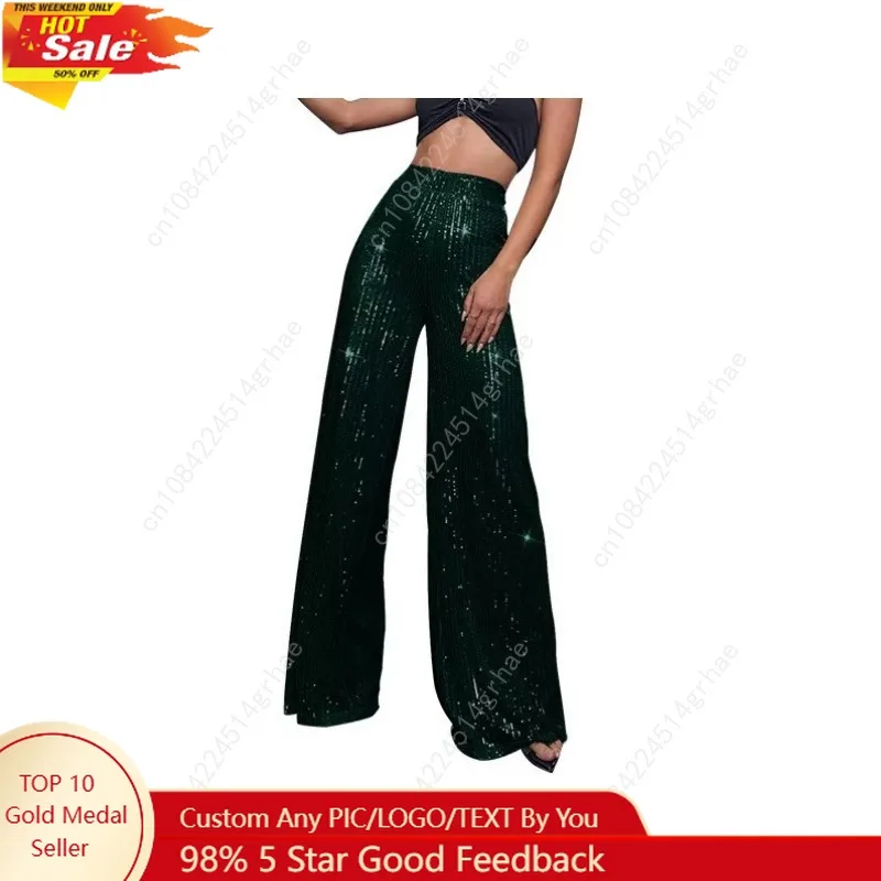 Pantaloni da donna a gamba larga con paillettes perlescenti Pantaloni da notte casual a gamba dritta Pantaloni a vita alta elastica Clubwear