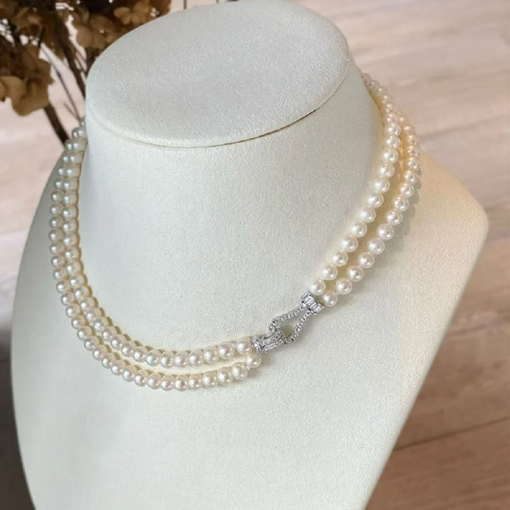 

925s silver shiny full zirconium buckle double row pearl necklace AAAA8-9mm white pearl necklace -16-18in
