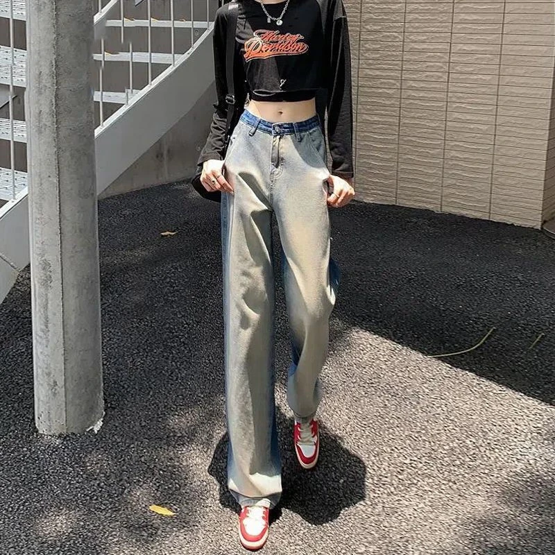 Women\'s Jeans Wide Leg Patchwork Pants Retro Oversized Harajuku Yk2 Streetwear Vintage Denim Pants Casual Loose Ladies Jeans