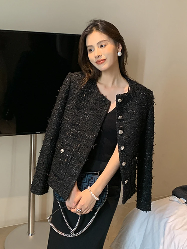 Autumn Winter French Vintage Small Fragrant Tweed Jacket Coat Women Elegant Black Woolen Short Coats Ladies Outwear Crop Top