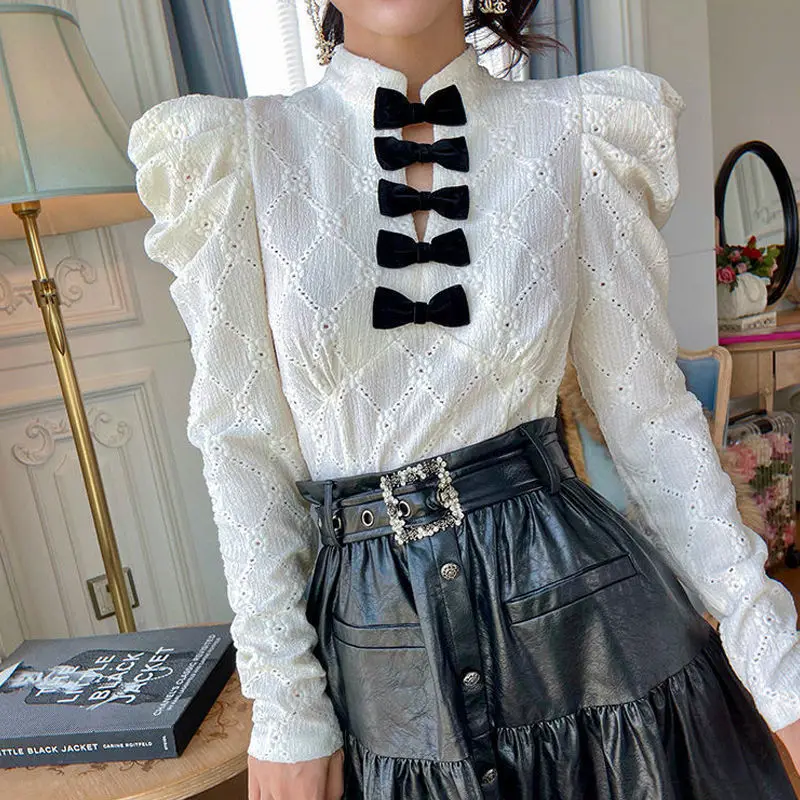 

Bow Patchwork Hollow Out White Shirt Tops Spring Autumn New Long Sleeve Solid Color Y2K Blouse Fashion Korean Women Clothing