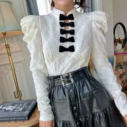 Bow Patchwork Hollow Out White Shirt Tops Spring Autumn New Long Sleeve Solid Color Y2K Blouse Fashion Korean Women Clothing