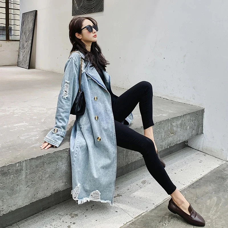 Hong Kong Style Girls Denim Trench Coat Women's Mid to Long Style Knee High Waist Cinched Internet Famous Student Korean Version