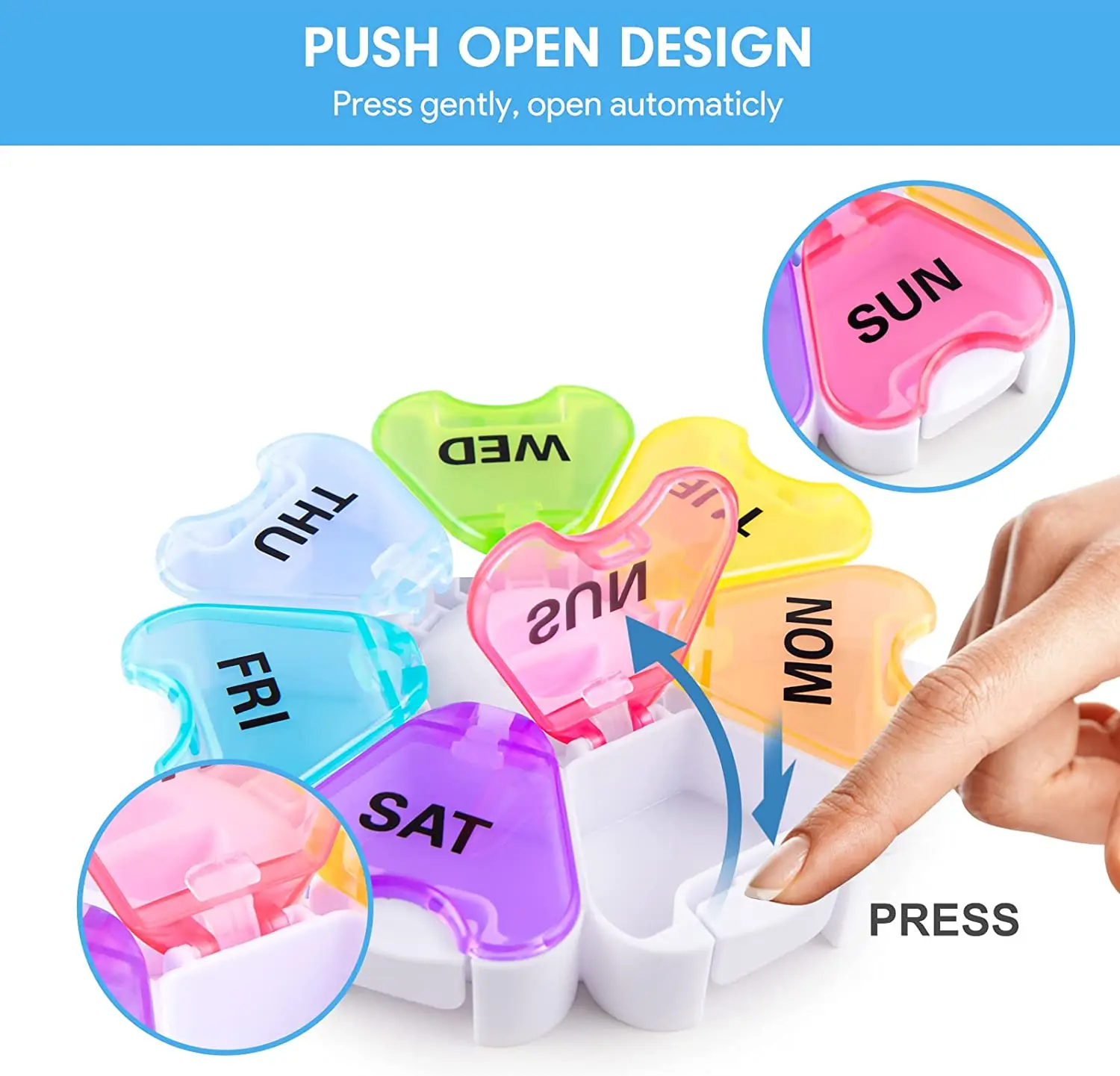 Petals Pill Storage Box with Push Open Button,BPA Free 7 Day Pill Case, Daily Medicine Organizer for Vitamins