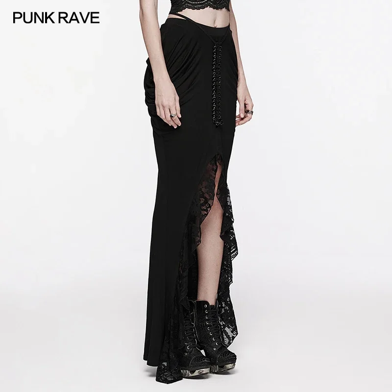 PUNK RAVE Women\'s Gothic Knitted Fabric and Lace Half Skirt Hip Side Pleats Designed Slim Sexy Party Club Black Long Skirts