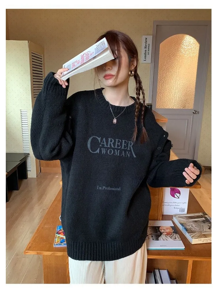 Deeptown Harajuku Letter Print Gray Sweater Women Vintage Streetwear Off Shoulder Knit Tops Korean Style Oversize Black Jerseys