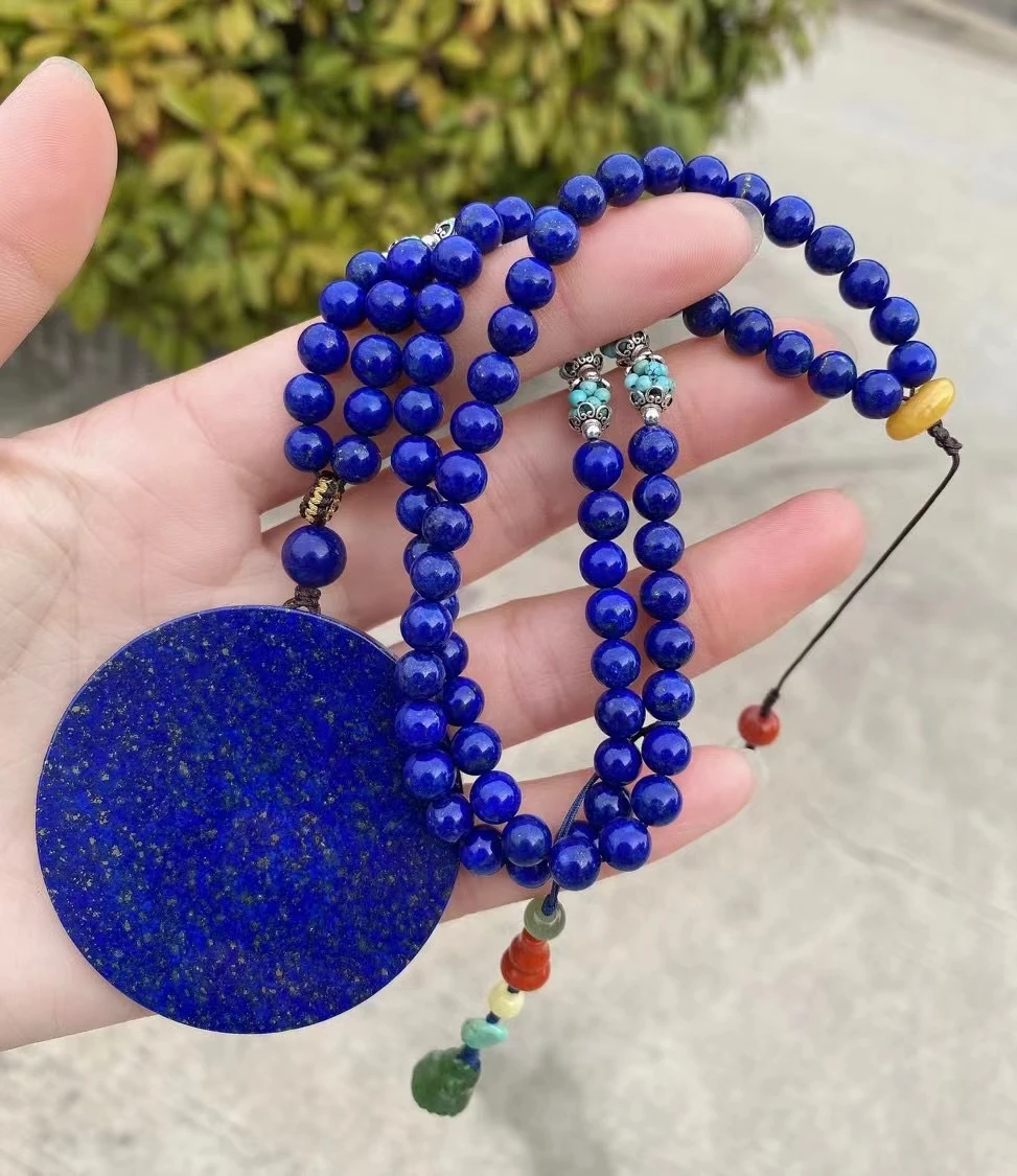 Natürliche blaue Lapislazuli Anhänger Halskette rund 56,5x4,8mm geschnitzte Blume Frauen Männer 5mm Perlen Schmuck Edelstein aaaaaa