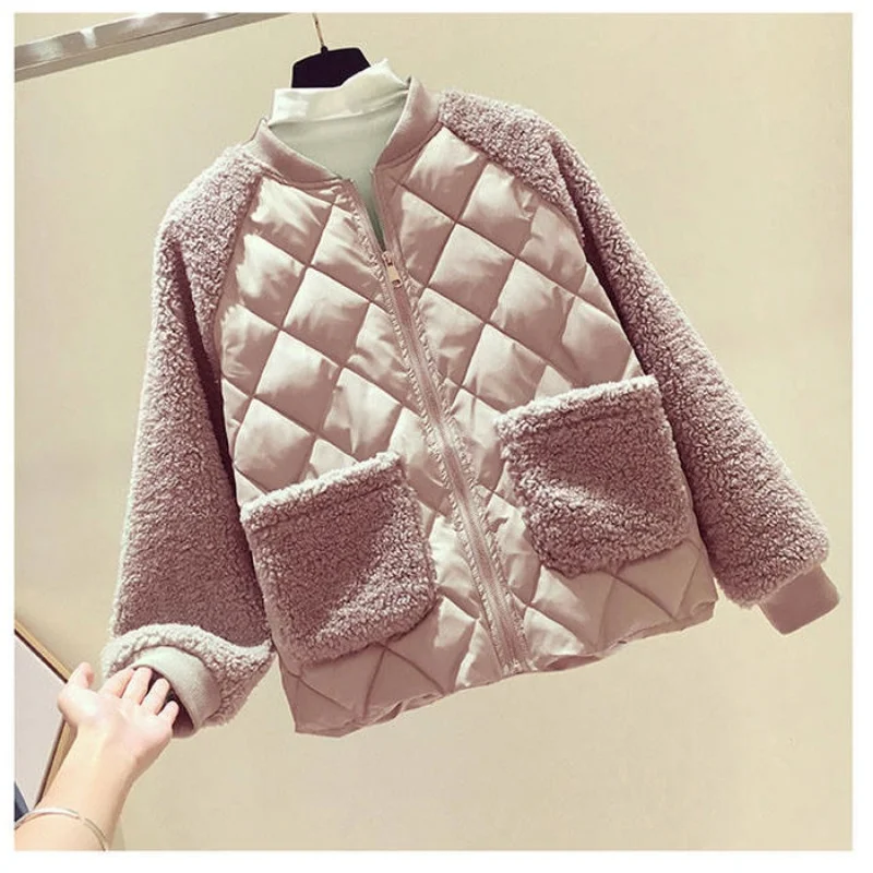 Women Winter Patchwork Warm Thicken Coat Long Sleeves Zipper Cardigan Loose Furry Plush Plus Size Outerwear Lady Padded Clothes