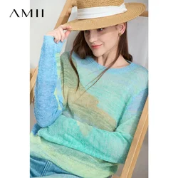Amii Minimalist Women's Thin Long Sleeved Knitted Sweater 2025 Autumn Wool Round Neck Color Matching Casual Loose Top 12551034