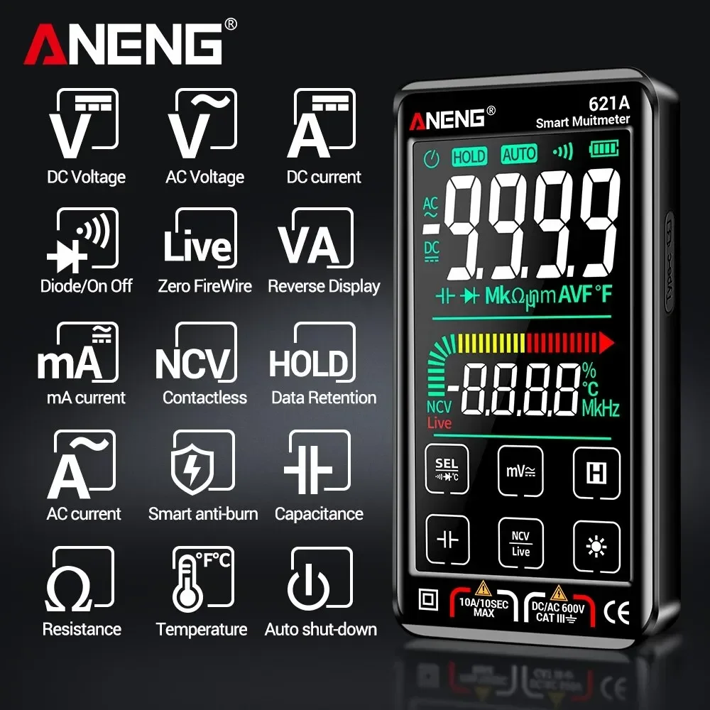 Imagem -03 - Aneng 621a Multímetro Digital Inteligente Tela de Toque Multímetro Testador Transistor 9999 Contagens True Rms Faixa Automática dc ac 10a Medidor