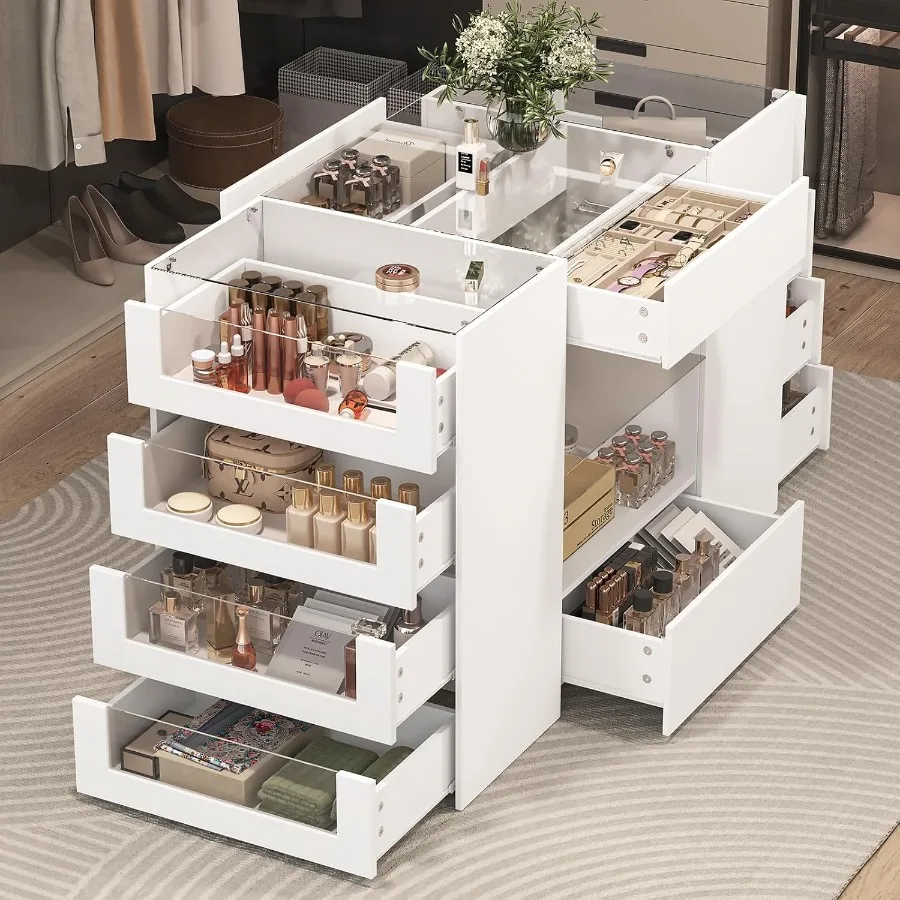 Closet Island with Drawers Wardrobe Armoire Bedroom Island Glass Display Shelf 12 Drawers White Dresser with Glass Top Walkin C