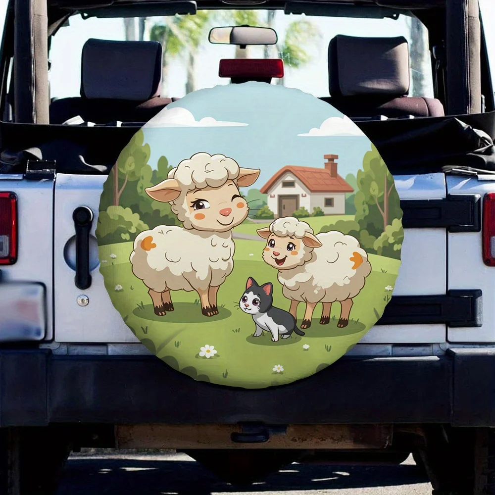 1pc Cartoon Sheep Tire Cover - Machine Washable, Durable Fabric With Adorable Sheep & Cat Design, Fit For All Vehicles, Snowy Pa