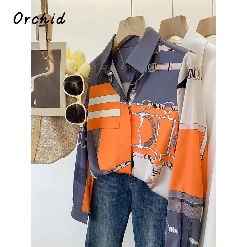 Luxury Brand Design Imitation Silk Orange Grey 2025 Summer Long Sleeves Shirt For Women Elegant Fashion Lady Top Clothes