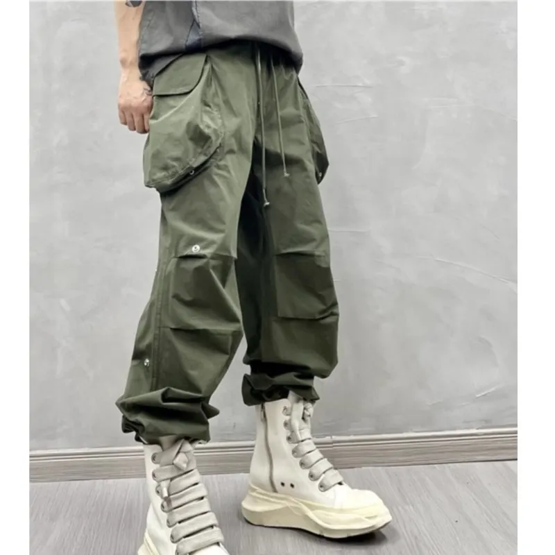 

American Style Trend Loose Casual Working Pants Fashion Army Green Retro Pants Japanese Drawstring Big Pocket Paratrooper Pants