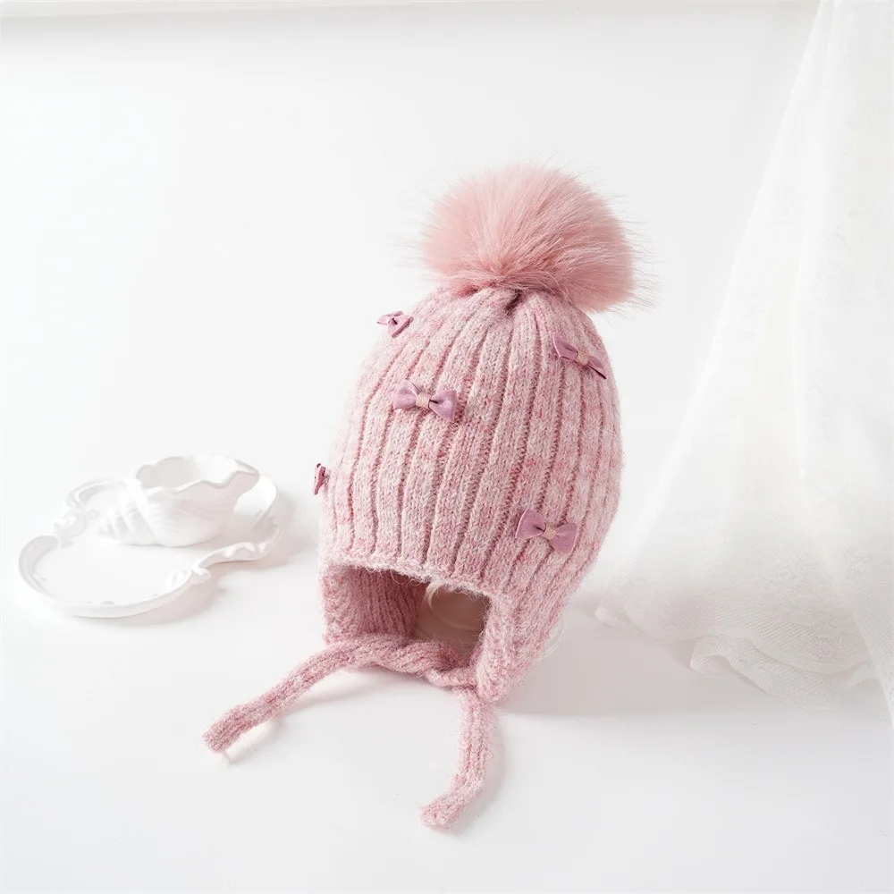 

Cute Pompom Bows Children Winter Hat Ears Protection Fleece-lined Kids Bonnet Hat Thicken Girl Cap Autumn